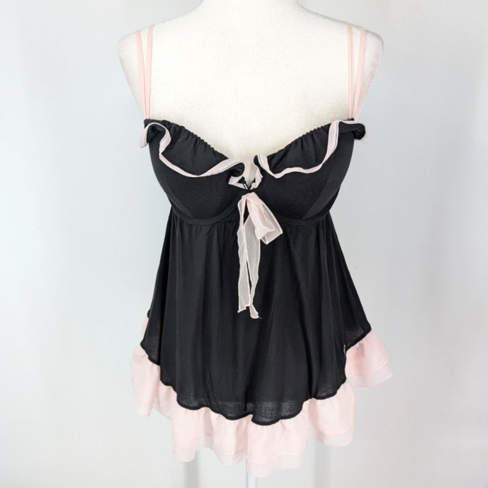 Victoria's Secret Black Pink Ruffle Bow Push-Up Babydoll Intimate Lingerie 36D